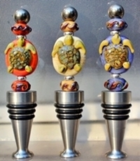 handcrafted glass beads on stainless steel bottle stoppers, unique gift for wine lovers, made by Moondog Mosaics & Artglass
