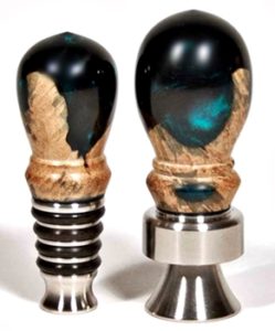 stainless bottle stopper with burl and green resin