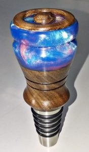 wood and resin turned top on stainless steel bottle stopper