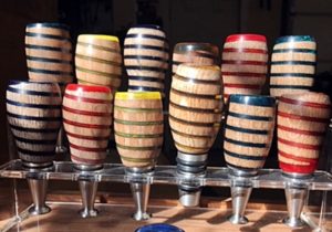 stainless stoppers with striped wood tops