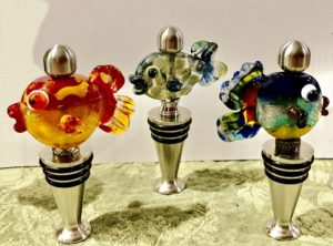 Glass fish on stainless steel bottle stoppers